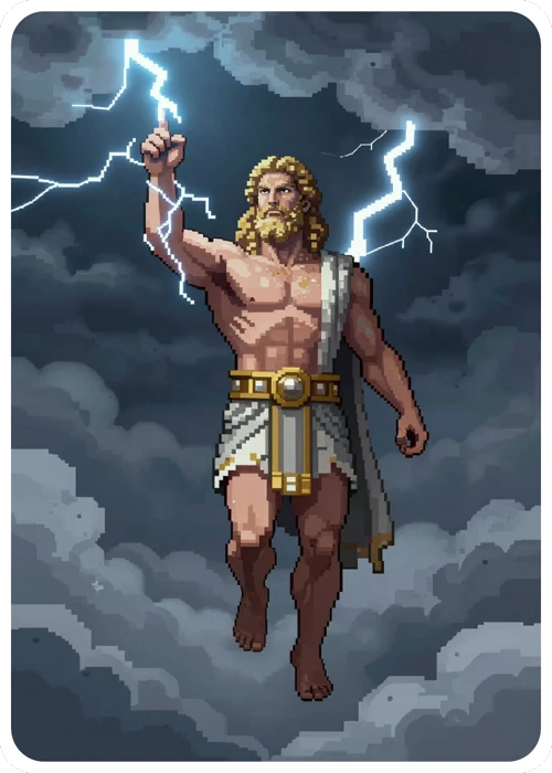Zeus card artwork with lightning